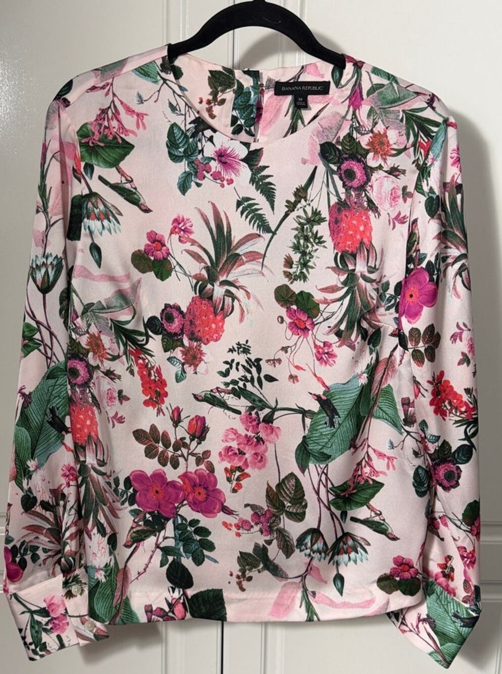 Banana Republic Pink Satin Blouse with Botanical Bird Print Size M  NWOT